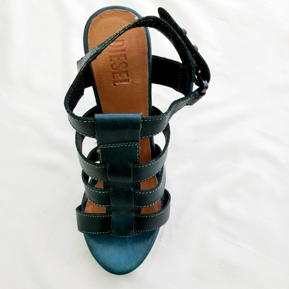 Diesel strap sandals green leather & wooden heels - Picture 5 of 11